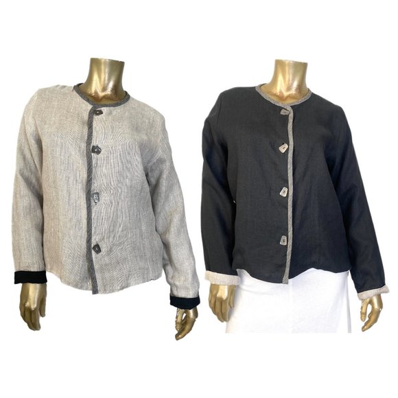 UNBRANDED REVERSIBLE FLAX LINEN BLACK & TAN JACKET  W/ METAL BUTTONS 42" BUST - Picture 1 of 6